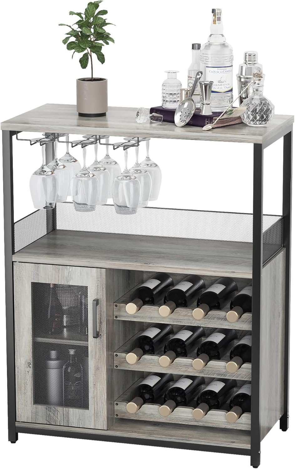 3-Tier Wine Bar Cabinet with Detachable Wine Rack and Storage Space, Buffet Cabinet with Glass Holder and Mesh Door, for Kitchen, Living Room and Bar .Rustic Brown.