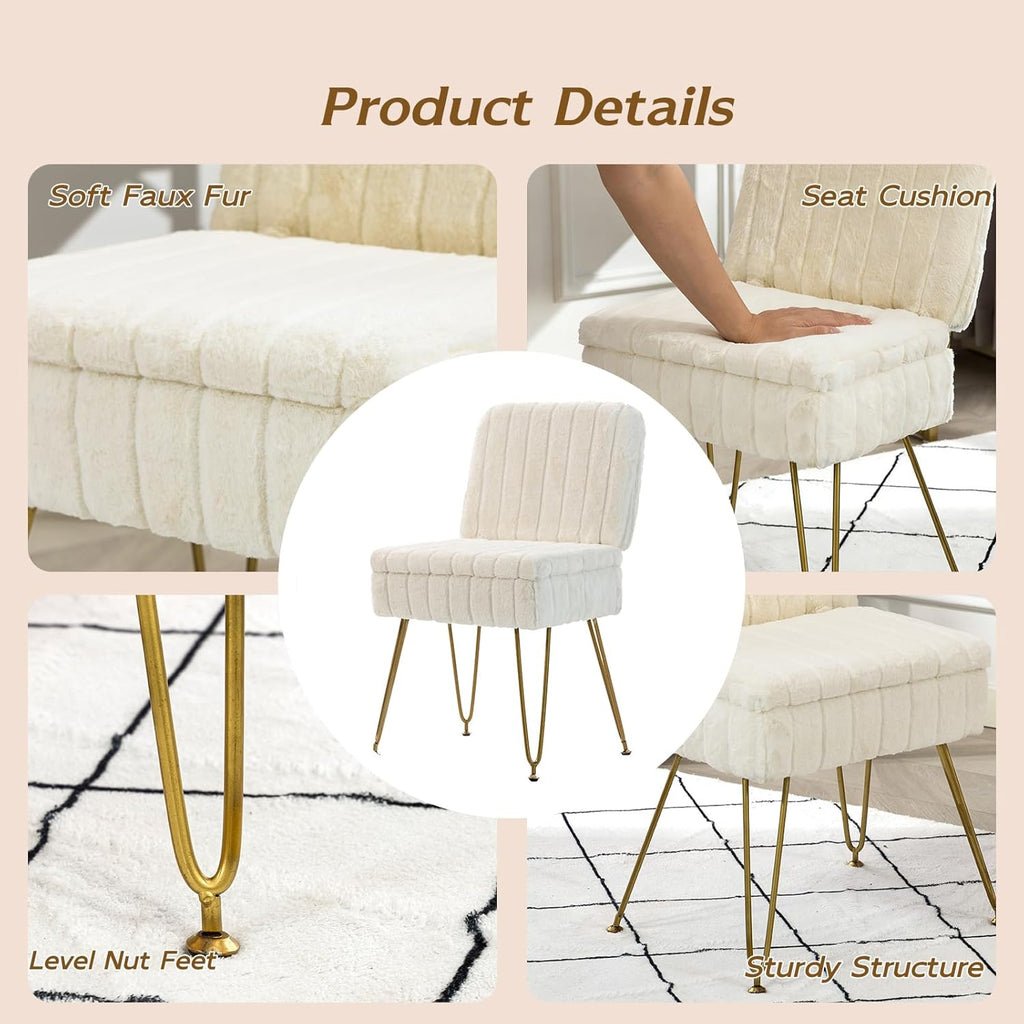 Vanity Chair with Storage, Comfy Ottoman with Folding Back, Faux Fur Vanity Stool with 4 Metal Legs for Make Up, Furry Padded Seat with Anti-Slip Feet for Bedroom Dressing Room