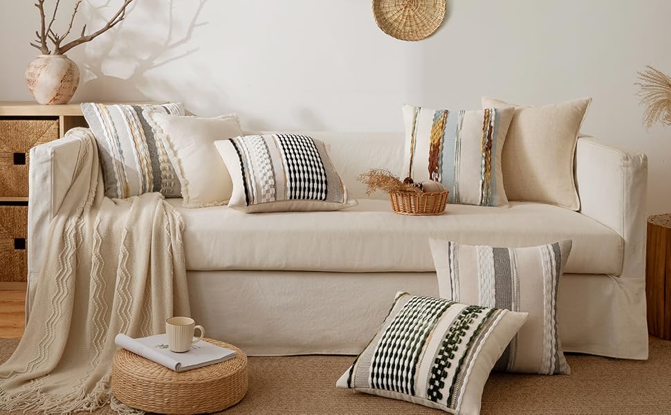 ANRODUO Pack of 2 Boho Decorative Throw Pillow Covers 18x18 Farmhouse Cushion Case Striped Chenille Pillow Cases Square Pillow Covers Accent Neutral Pillowcase for Sofa Couch Bed, Olive Green Stripe