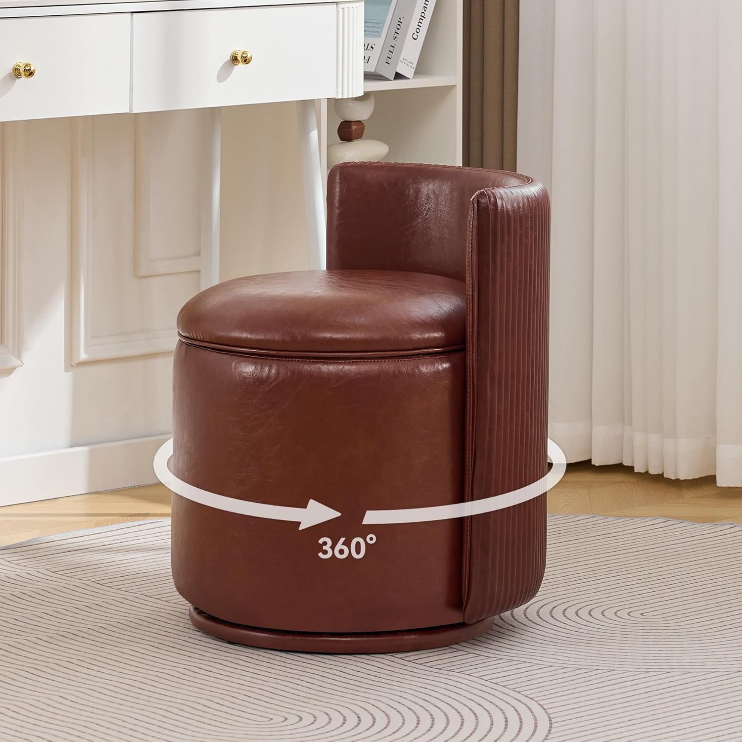 Velvet Vanity Chair with Storage, 360° Swivel Makeup Chair with Wave Back, No Assembly Small Accent Stool for Bedroom, Dressing, Living Room, White