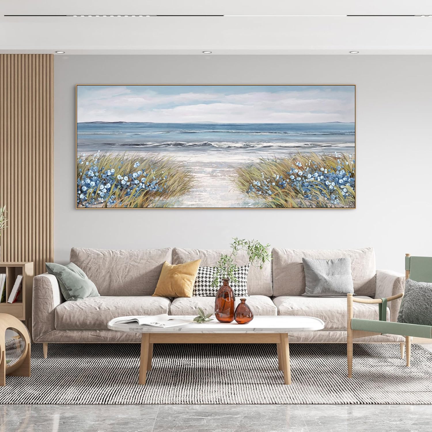 Framed Wall Art for Living Room Decor - Farmhouse Boho Beach Coastal Vintage Floral Ocean Wall Picture Flowers Sea Canvas Print Seascape Artwork for Home Living Room Bedroom Office 24x48