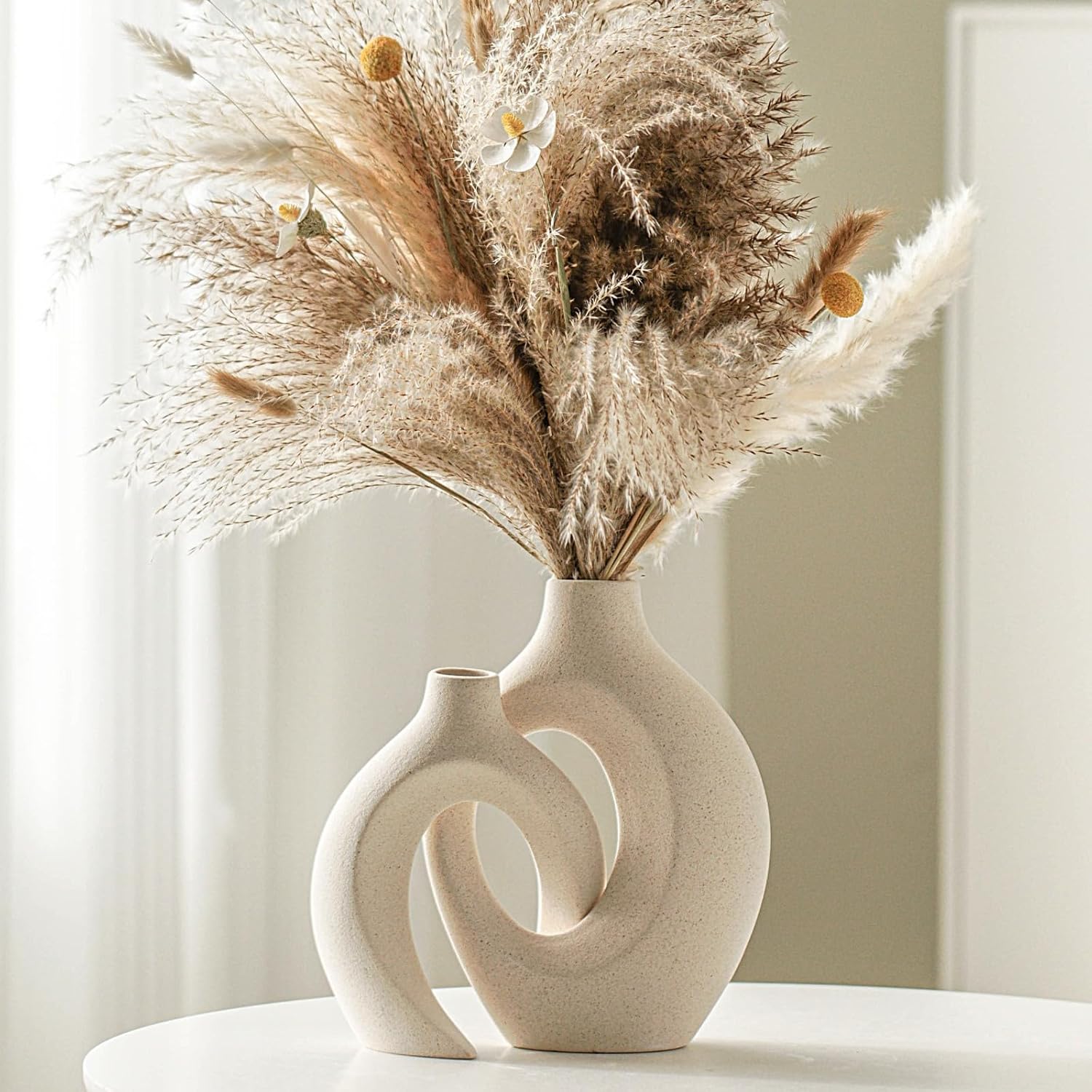 Ceramic Vase Set of 2, Nordic Modern Boho ins Style Decorative Ceramic Aesthetic Flower Vase for Home Decor (Milky White W 6.3" X H 8.4")