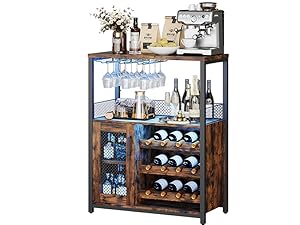 Wine Bar Rack Cabinet with LED Light, Adjustable Shelves Coffee Bar Cabinet with Mesh Door and Baffle Design, 36″ Tall Small Liquor Bar Cabinet for Home, Kitchen, Dinning Room, Rustic Brown
