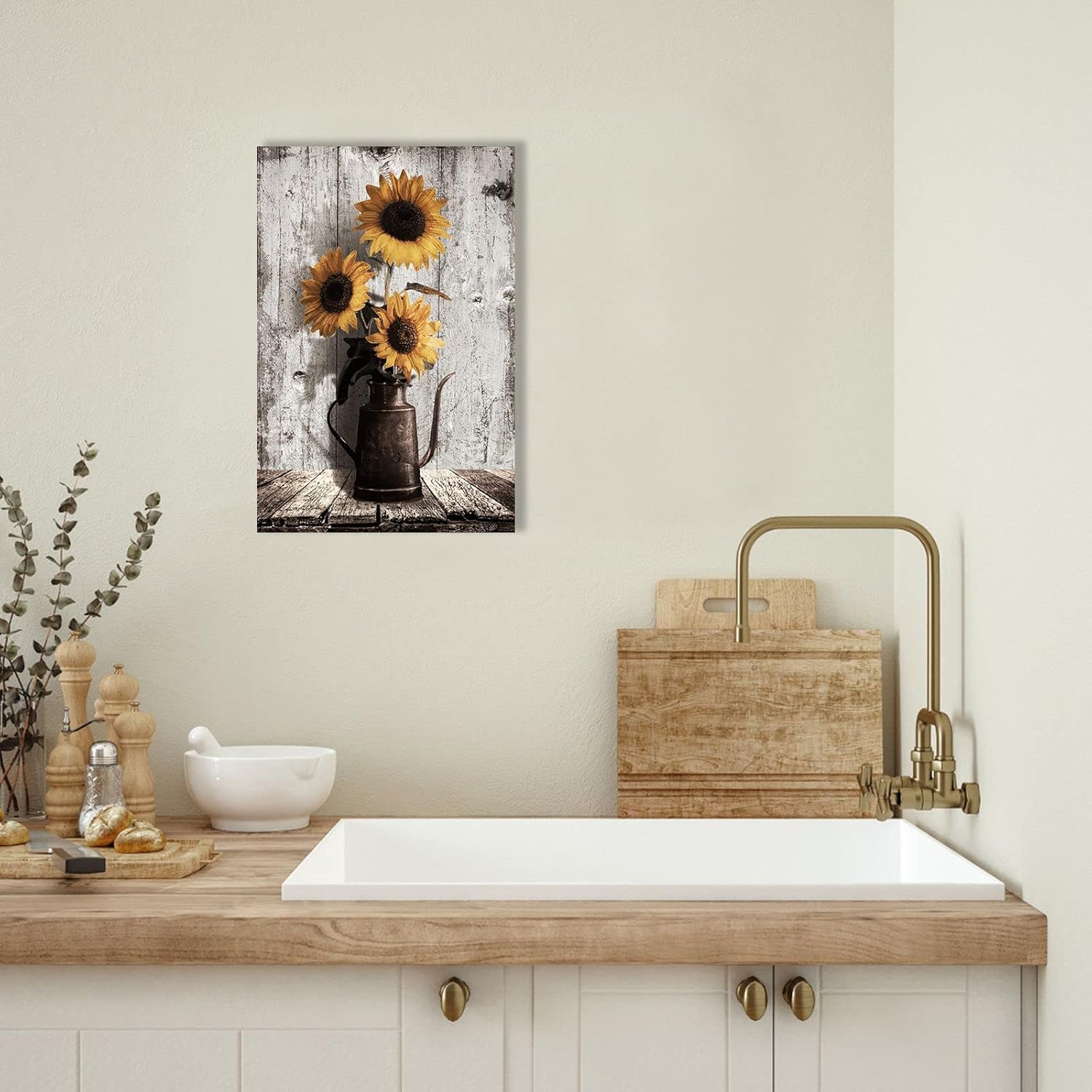 Rustic Sunflower Canvas Wall Art: Vintage Flower Picture Print Farmhouse Wall Decor - Floral Pot Decorative Poster Framed Artwork Decoration for Bedroom Home Office Ready to Hang 10" x 15"