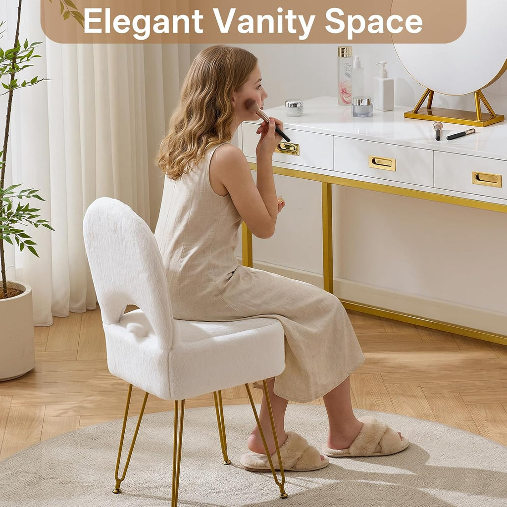 White Vanity Chair with Storage, Folding Back Faux Fur Vanity Stool, Makeup Ottoman with Gold Legs for Bedroom/Bathroom