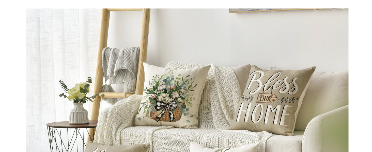 colorlife Bless Our Home Farmhouse Eucalyptus Leaves Throw Pillow Covers, 18 x 18 Inch Truck Home Sweet Home Cushion Case Decorations Set of 4