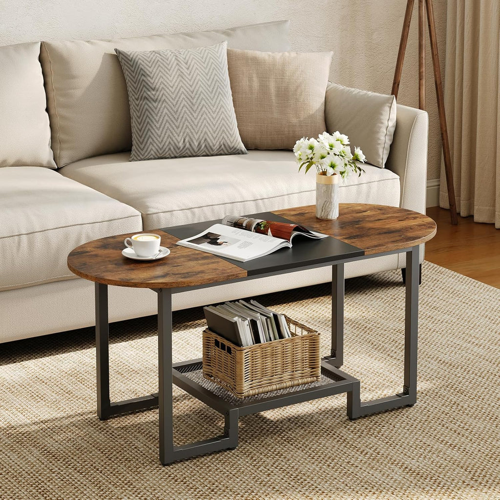 HOOBRO Coffee Table, Oval Small Coffee Table with 2-Tier Storage Shelf, Narrow Modern Center Table for Small Spaces, Living Room, Bedroom, Office, Rustic Brown and Black BFK12KF01